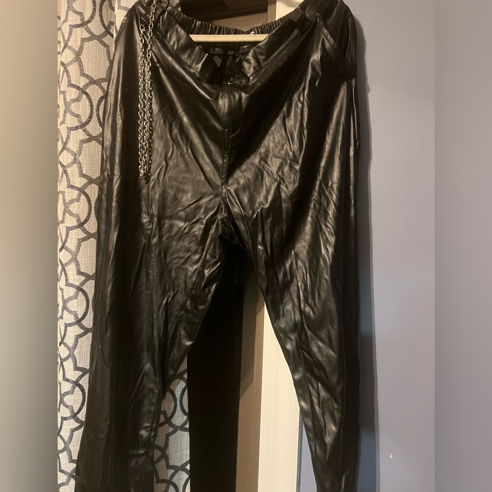 Faux leather black jogger pants with chain
